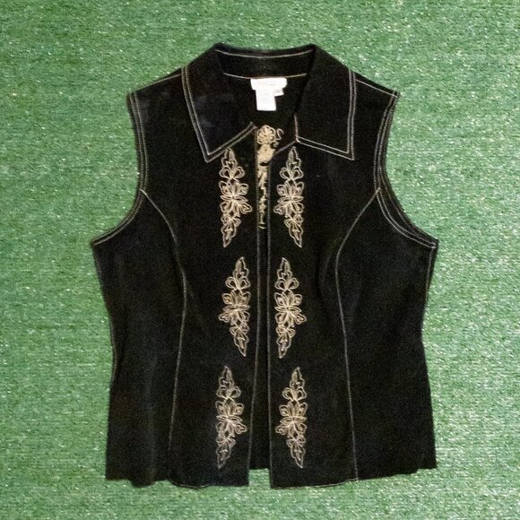 VINTAGE COLDWATER CREEK WOMENS BLACK LEATHER SUEDE EMBROIDERED FLORAL VEST SZ M - Picture 5 of 5